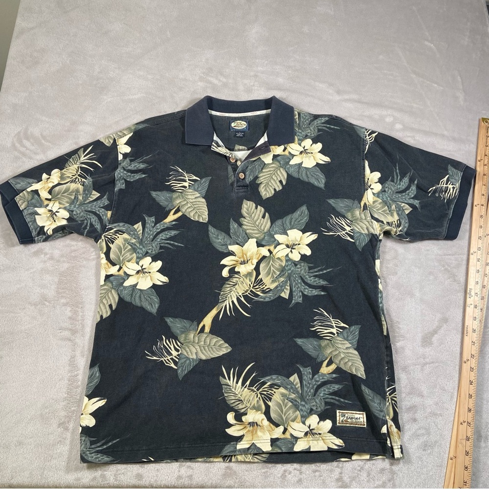 Vintage Tommy Bahama Polo Shirt XL Men’s Black Yellow Floral Hawaiian Casual